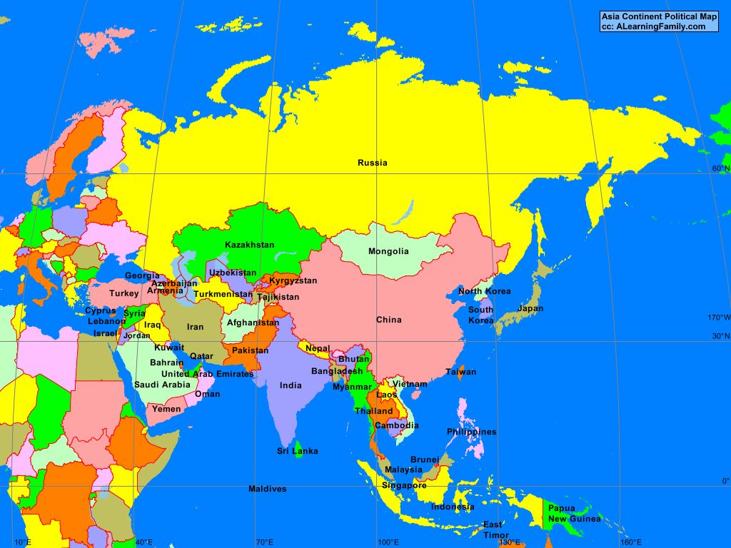 Asia Asian Continent Political Map A Learning Family